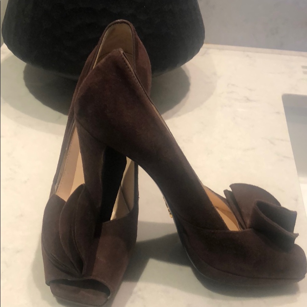 ❤️ PRADA BROWN SUEDE PLATFORM HEELS SIZE 7. - Picture 7 of 9